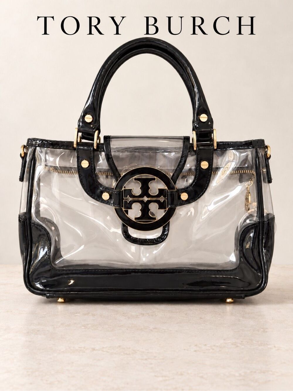 Tory Burch Clear PVC Black Patent Logo Medallion Top Handle Tote Bag, $425